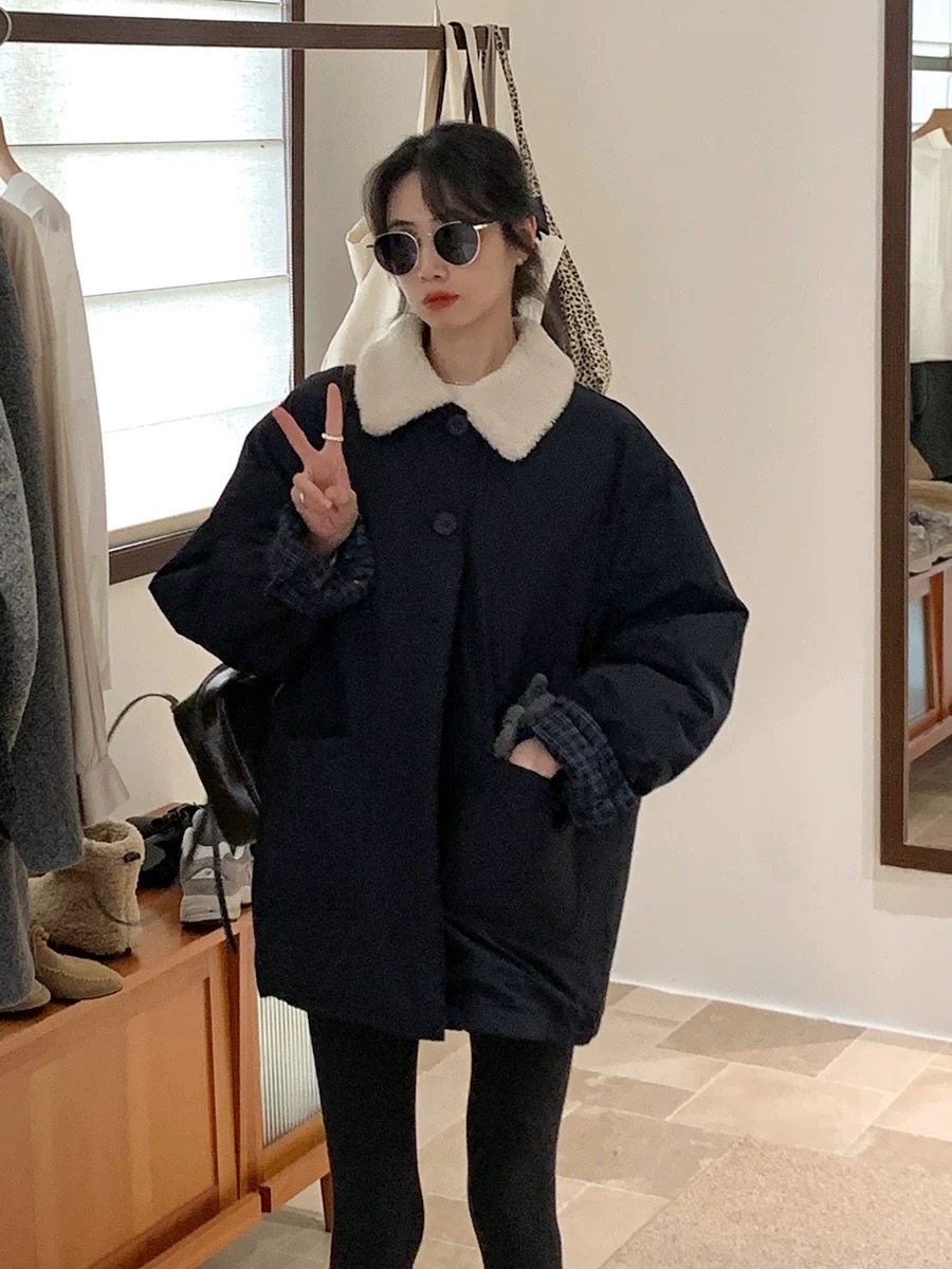 冬季新款藏青色翻领中长款保暖羽绒服女2025韩系时尚撞色袖子外套