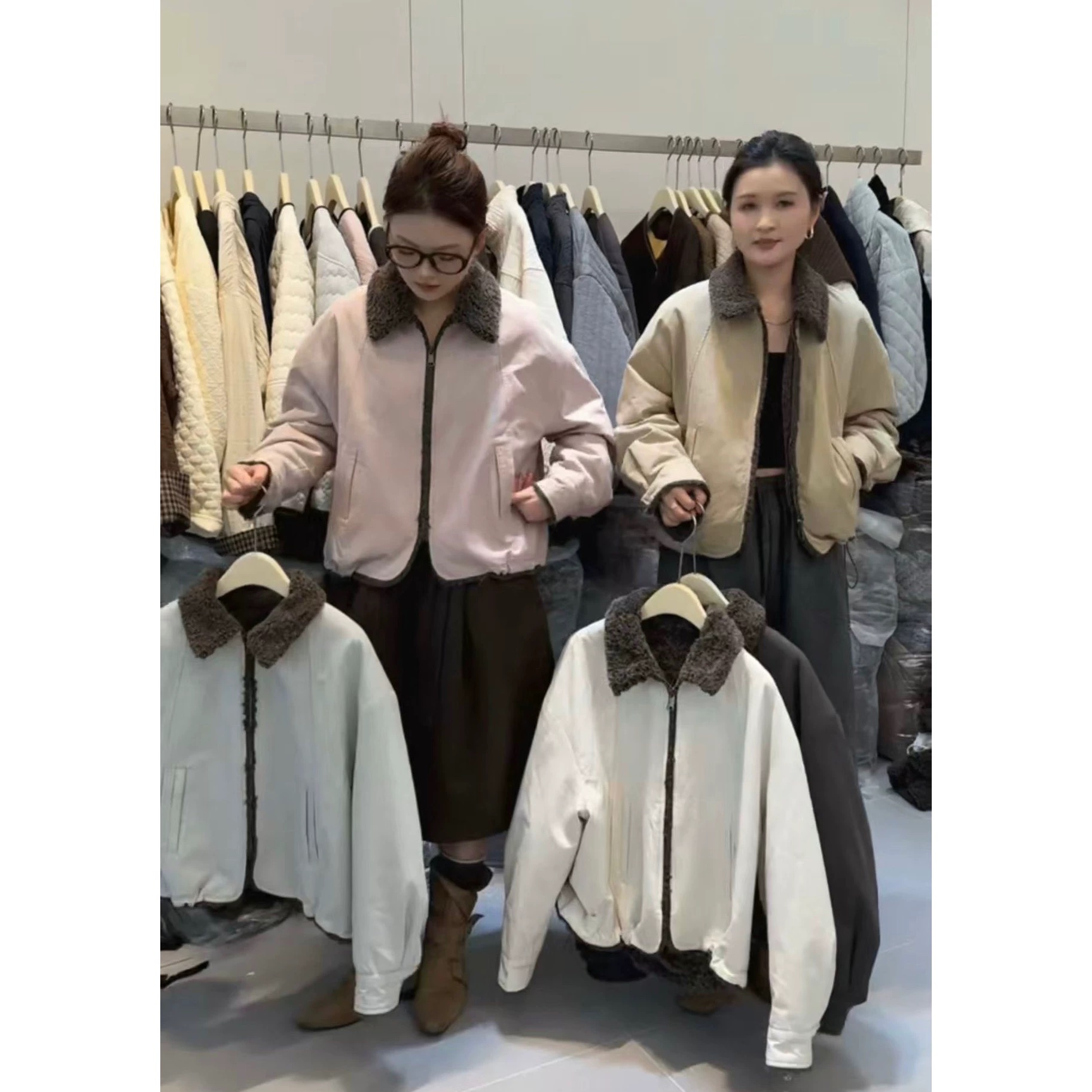 时尚圆领拼接韩系抽绳纯色百搭上秋冬羊羔毛外套