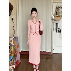 批发现货 学院风套装女秋<b class='q'>冬</b>季V领毛衣开衫高腰针织百褶半身裙两件女