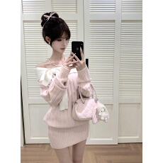 批发已到货 巨好看的早秋裙子针织一字肩打底短款连衣裙新款短裙女装