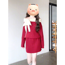 批发已到货 红色圣诞穿搭一字肩蝴蝶结长袖针织连衣裙女<b class='q'>冬</b>露肩短裙