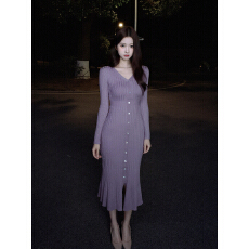 批发已到货 丁香情愫 羊毛V领针织鱼尾连衣裙秋<b class='q'>冬</b>圣诞包臀裙