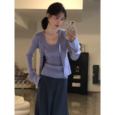 批发已到货 春秋针织<b class='q'>开衫</b>外套女长袖薄款挂脖背心紫色设计感两件套