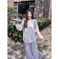 批发已到货 慵懒马海毛V领毛衣女高级感宽松显瘦温柔气质压褶半身裙女