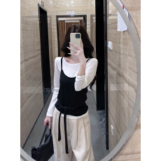 批发已到货 真两件套 黑白长袖早秋辣妹修身显瘦绑带打底薄款两件套<b class='q'>女</b>