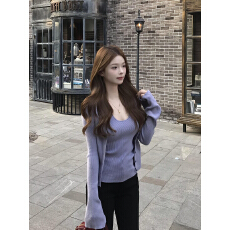 批发已到货 春秋针织开衫外套<b class='q'>女</b>长袖薄款挂脖背心紫色设计感两件套
