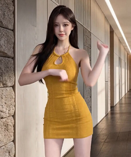 있음 도착 shop 주말 맑은 황색 행침 목 홀로우 아웃 여성 드레스 봄 여름 허리 수축 모직물 타이트 스커트 미니 스커트