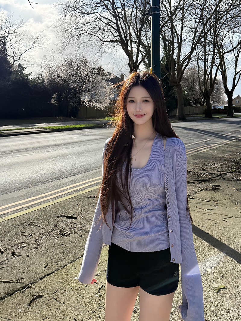 있음 도착 봄 가을 니트 카디건 코트 여성 긴 소매 얇은 스타일 행침 목 조끼 보라색 디자인 센스 투피스 세트