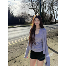 批发已到货 春秋针织开衫<b class='q'>外套女</b>长袖薄款挂脖背心紫色设计感两件套