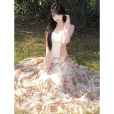 批发已到货 粉色针织开衫吊带女长袖<b class='q'>毛衣</b>吊带背心蛋糕半身裙两件套装