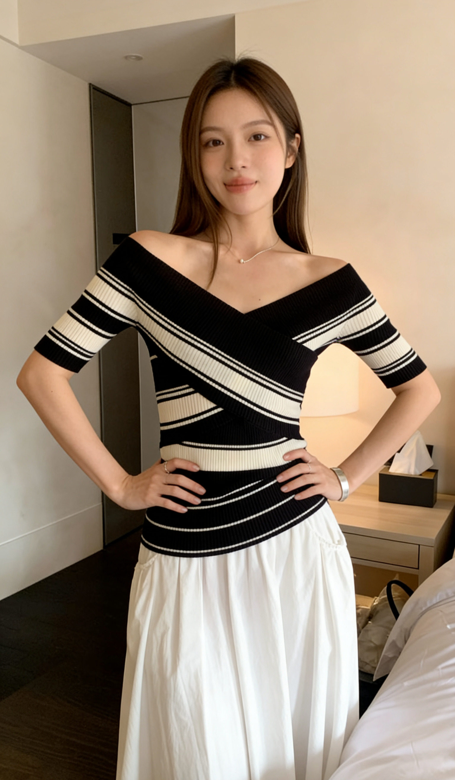 있음 도착 배색 스트라이프 십자가 반팔 니트 스웨터 여성 여름 오프숄더 허리 수축 몸매 가꾸기 쇼트 스타일 맨위