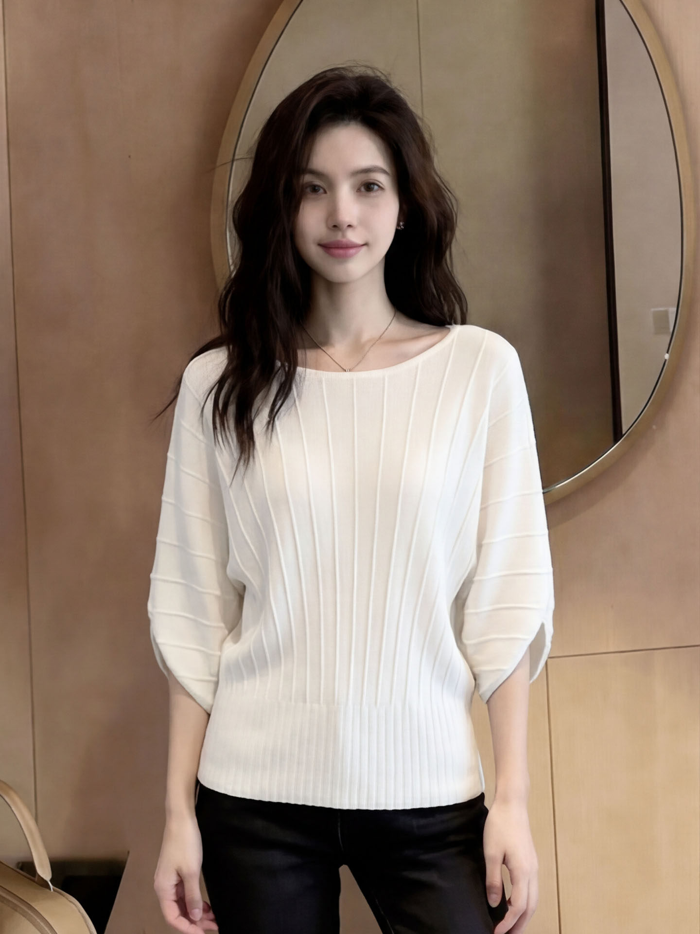 있음 도착 프랑스식 디자인 센스 조개 곡물 배트윙 소매 니트 스웨터 여성 2 여름 루즈핏 느긋한 바람 맨위