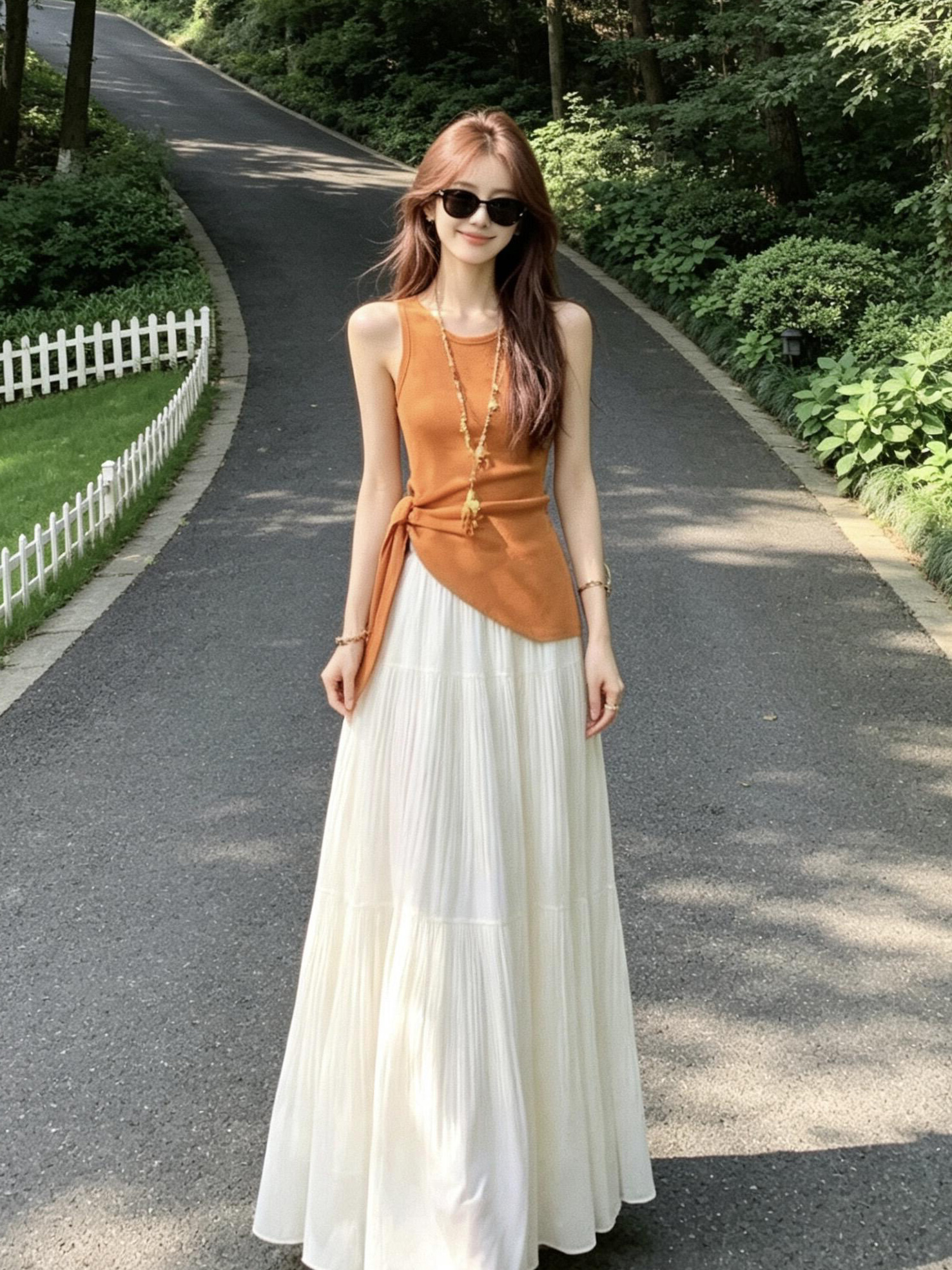 있음 도착 여름 프랑스식 품격 라운드 넥 니트 스웨터 조끼 여성 트임 스트랩 허리 수축 맨위 반신 스커트 여성