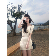 批发已到货 夏日小白花 针织套装女春夏季一字肩上衣百褶裙两件套