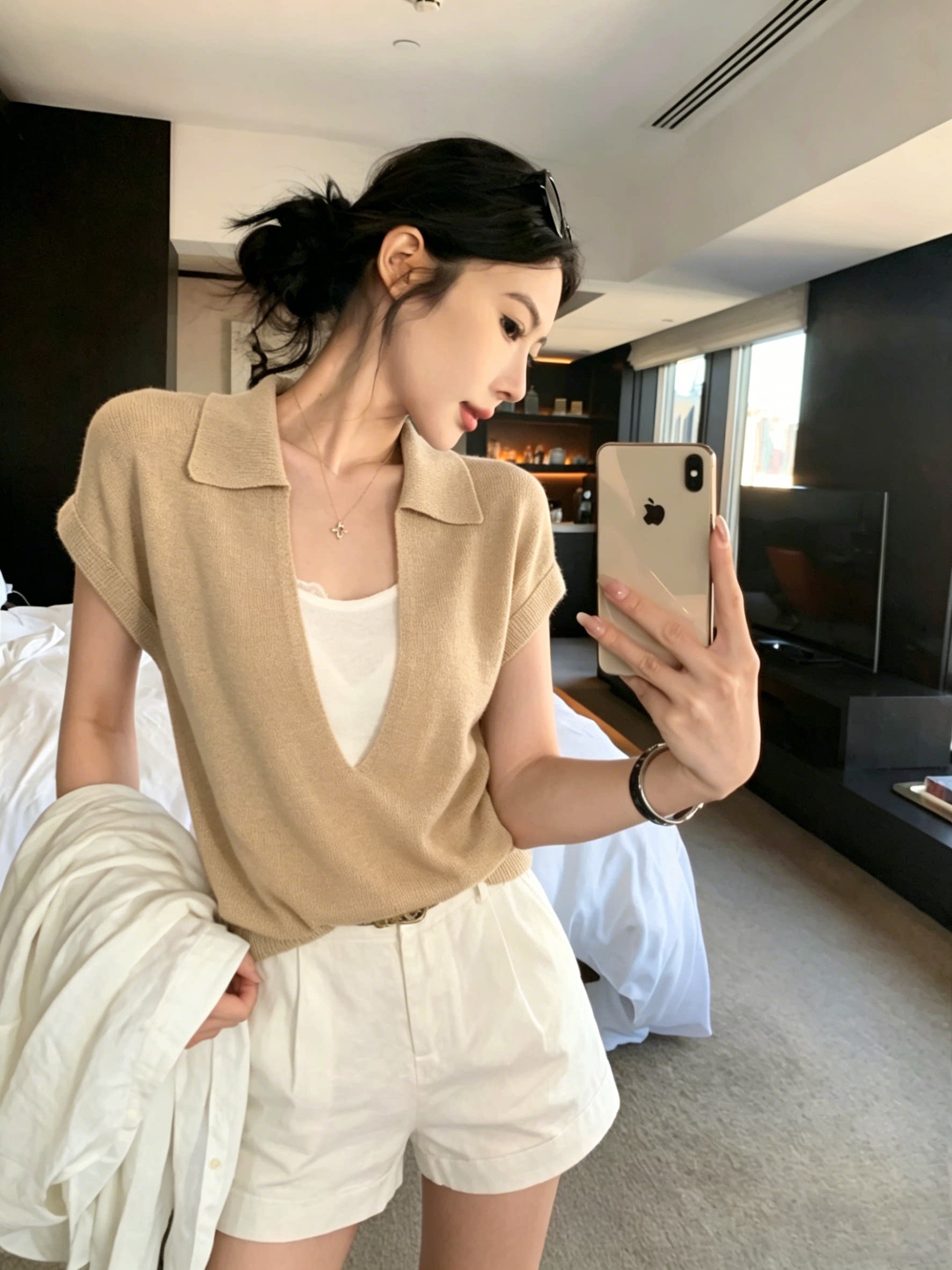 있음 도착 프랑스식 POLO 칼라 페이크 레이어드 니트 반팔 티셔츠 여성 여름 자이언트 잘 생긴 ~ 중 작은 대중 맨위