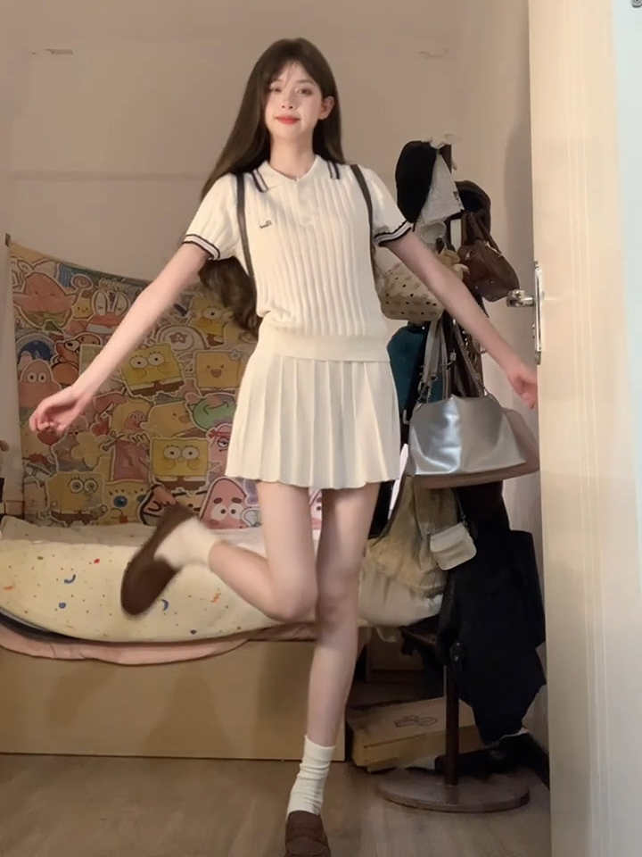 부서 미니멀리즘 자수 POLO 칼라 니트 반팔 티셔츠 여성 여름 새로운 학원 스타일 캐주얼 투피스 세트