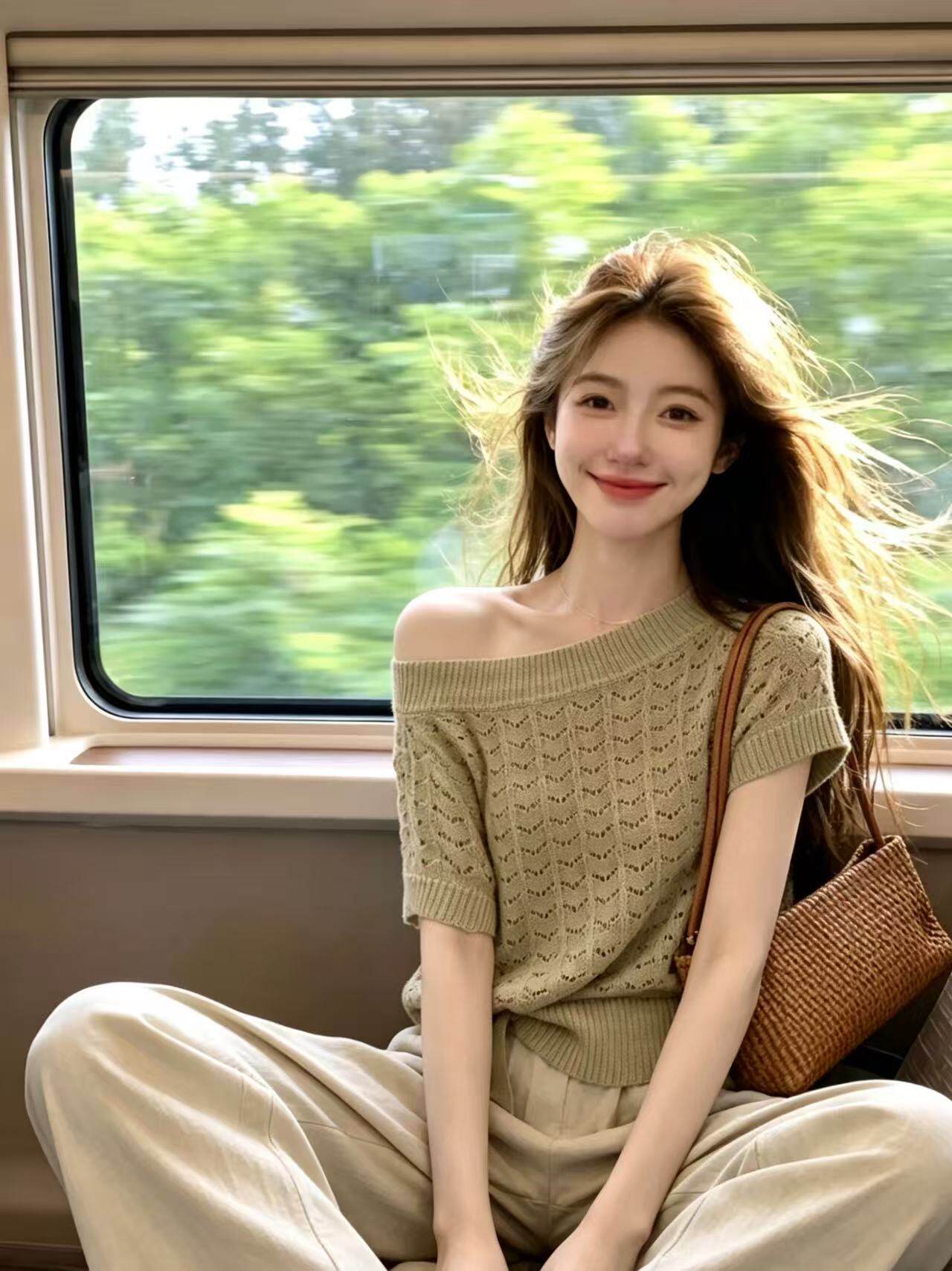 있음 도착 비스듬한 어깨 홀로우 아웃 니트 스웨터 여성 봄 새로운 디자인 센스 부드러운 레이스업 허리 수축 품격 맨위