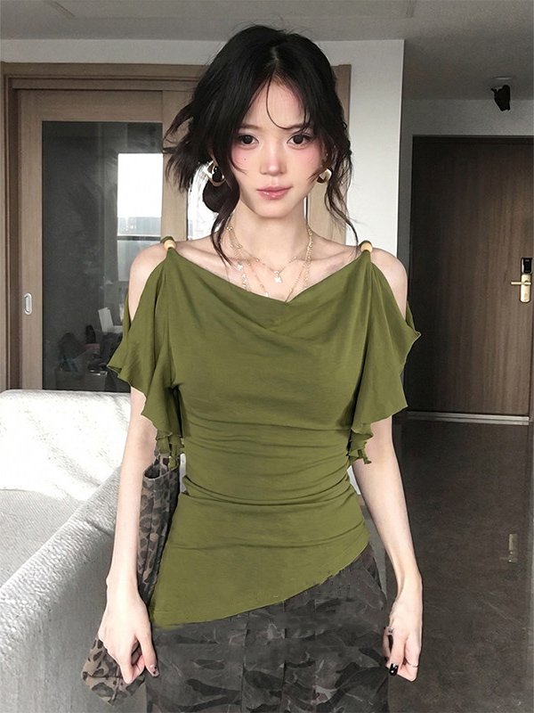 있음 도착 흔들다 칼라 프릴 오프숄더 티셔츠 여성 여름 착용 가져 가라. 품격 핫걸 바람 허리 수축 슬림해 보이는 맨위