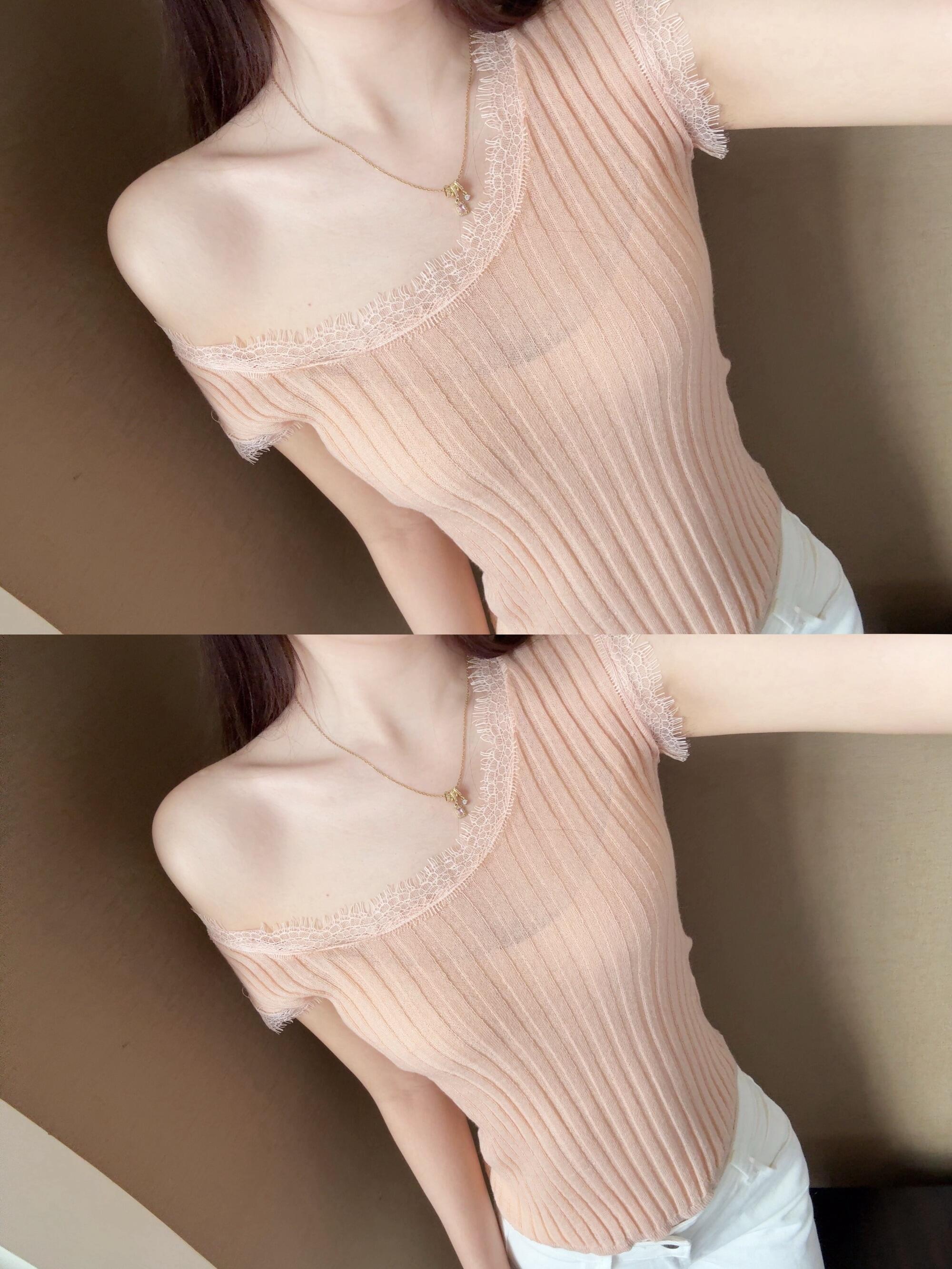 있음 도착 새로운 한 부서 작은 여자 레이스 조각 u 칼라 반팔 몸매 가꾸기 니트 스웨터 맨위