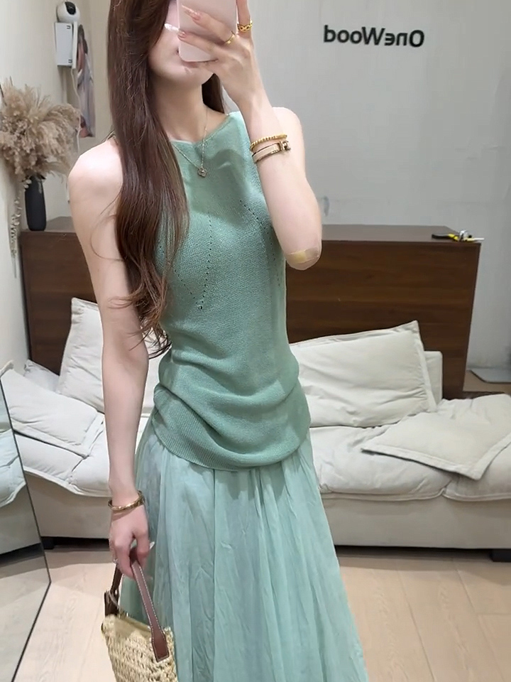 있음 도착 한 부서 디자인 센스 홀로우 아웃 니트 아마 조끼 여성 아모이 Chic 몸매 가꾸기 슬림해 보이는 민소매 맨위