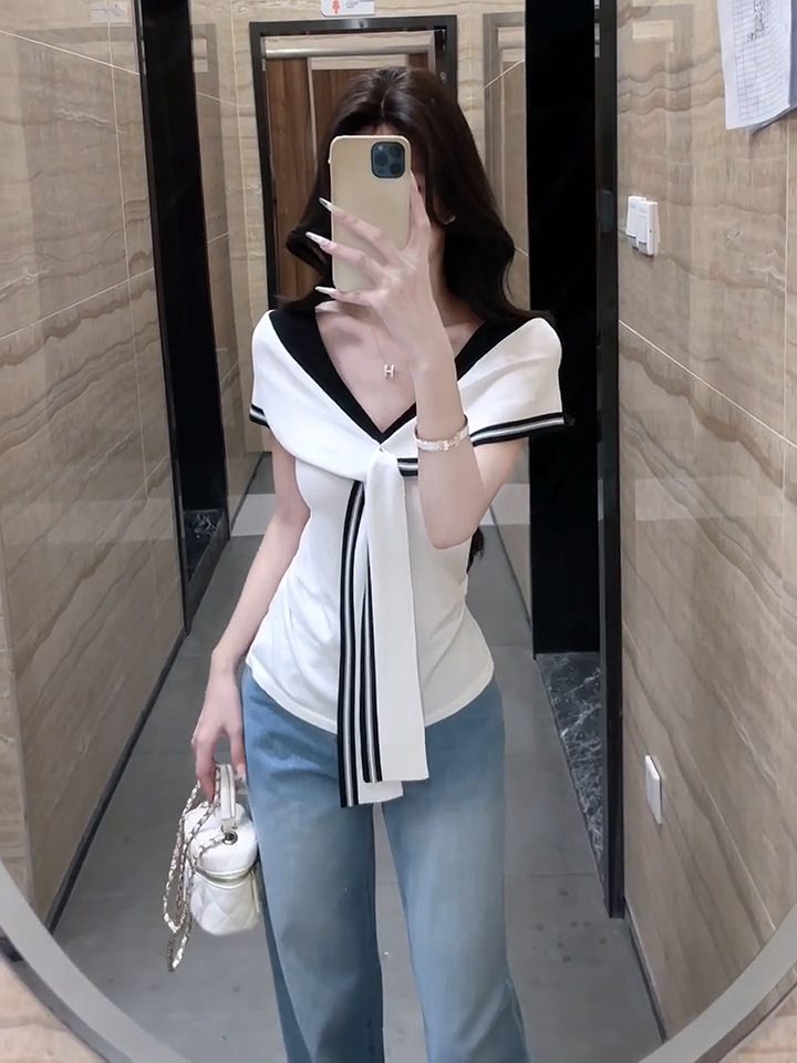 있음 도착 해군 칼라 민소매 아코디언 니트 스웨터 여성 여름 고급 센스 느긋한 몸매 가꾸기 프랑스식 화이트 맨위