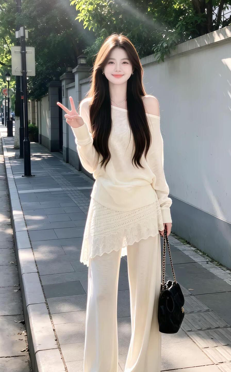 있음 도착 여름 착용 가져 가라. 세트 새로운 살구 색상 비스듬한 어깨 긴팔 티셔츠 하이웨이스트 방귀 커튼 와이드 레그 팬츠 투피스 세트