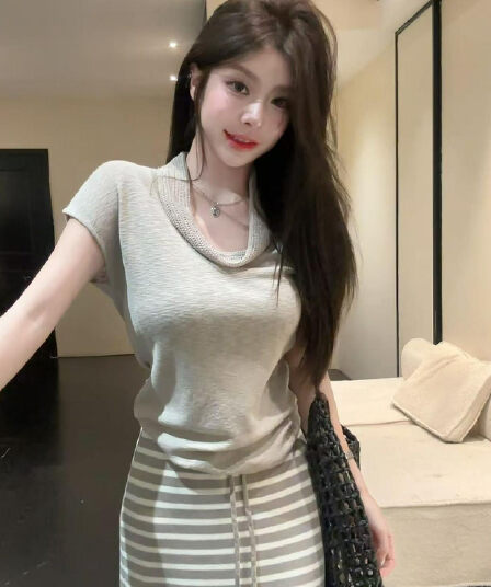 huihui 순수한 욕망 핫걸 한국 스타일 흔들다 칼라 반팔 티셔츠 하이웨이스트 스트라이프 반신 치마 세트 l0657