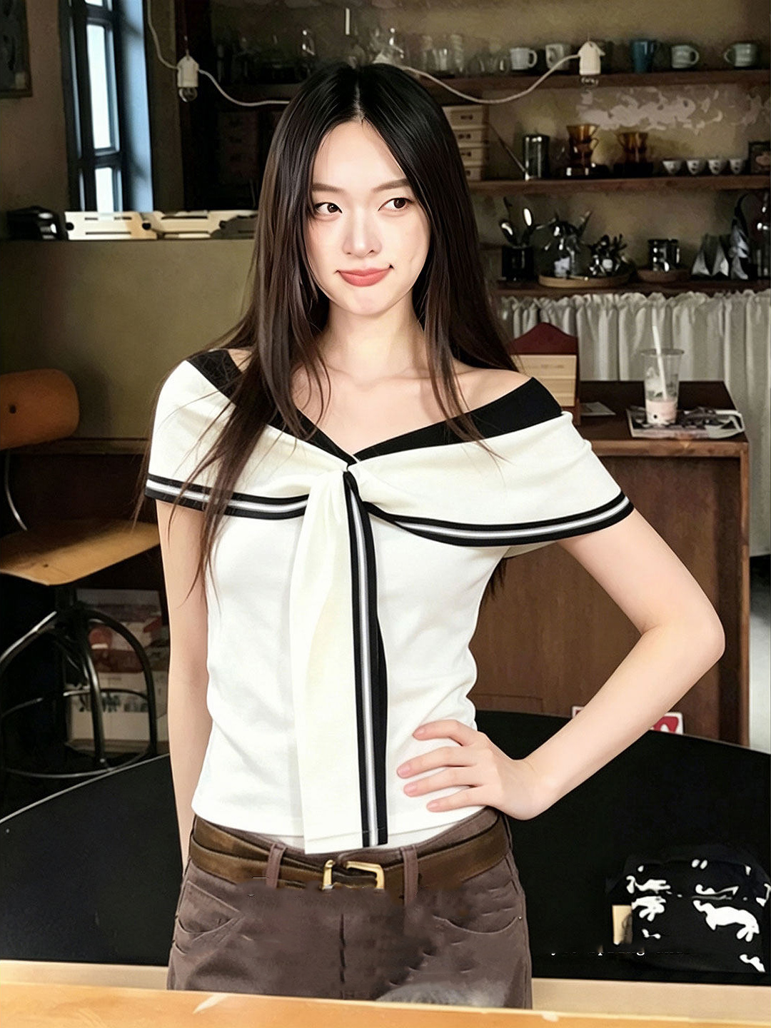 있음 도착 해군 칼라 민소매 아코디언 니트 스웨터 여성 여름 고급 센스 느긋한 몸매 가꾸기 프랑스식 화이트 맨위