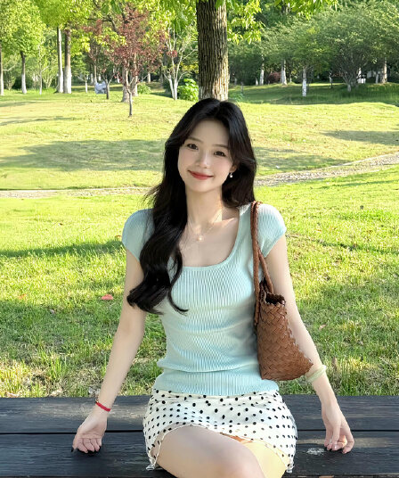 있음 도착 녹색 연령 감소 u 칼라 니트 스웨터 여성 봄 여름 외출용 달콤한 매운맛 맨위 도트 무늬 망사 반신 스커트 여성