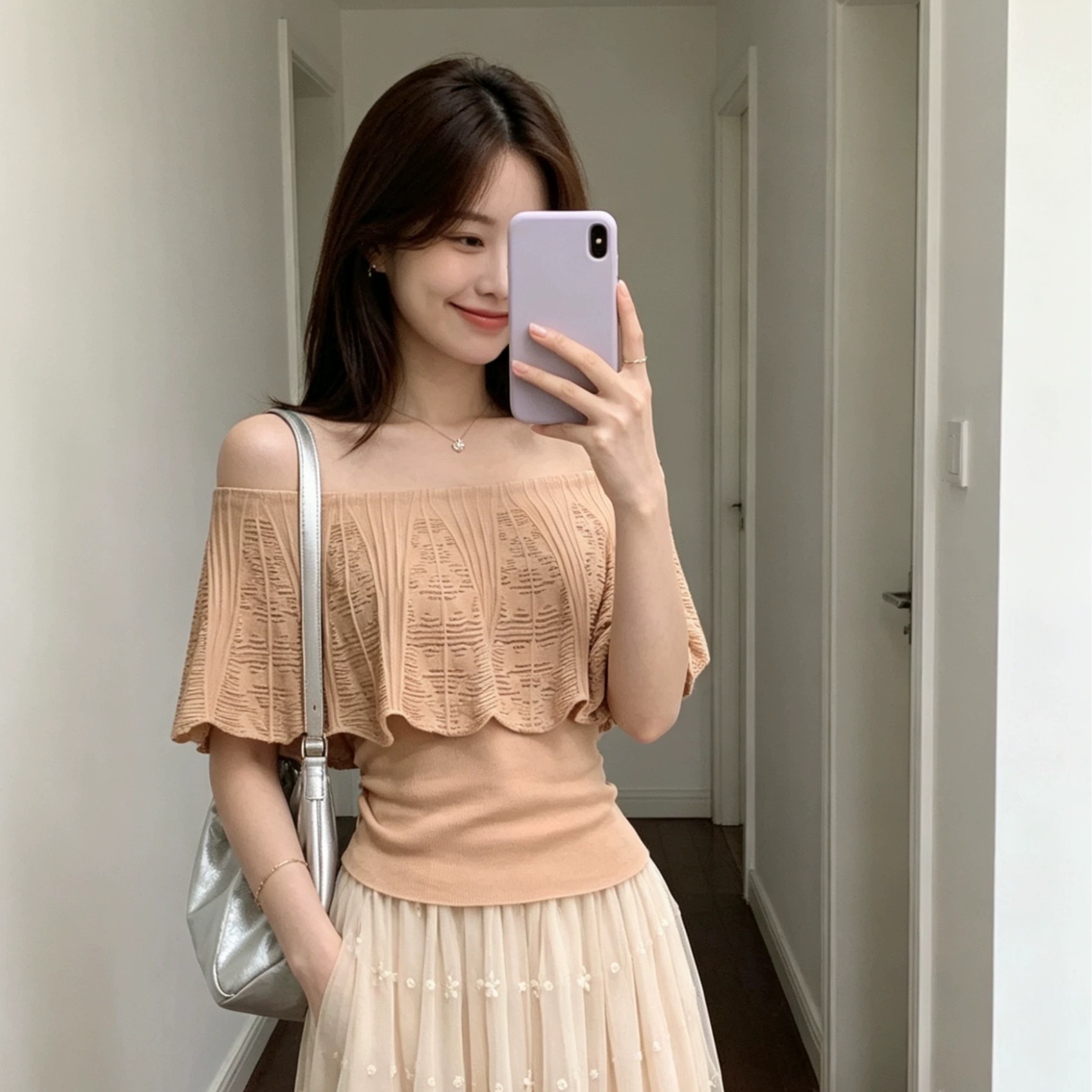 있음 도착 무쯔리 목자이 ~ 중 리 부드러운 순수한 욕망 바람 오프숄더 프릴 홀로우 아웃 니트 맨위