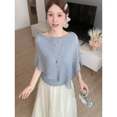 批发已到货 韩系披肩拼接<b class='q'>针织衫</b>女夏新款设计<b class='q'>假两件</b>叠穿上衣