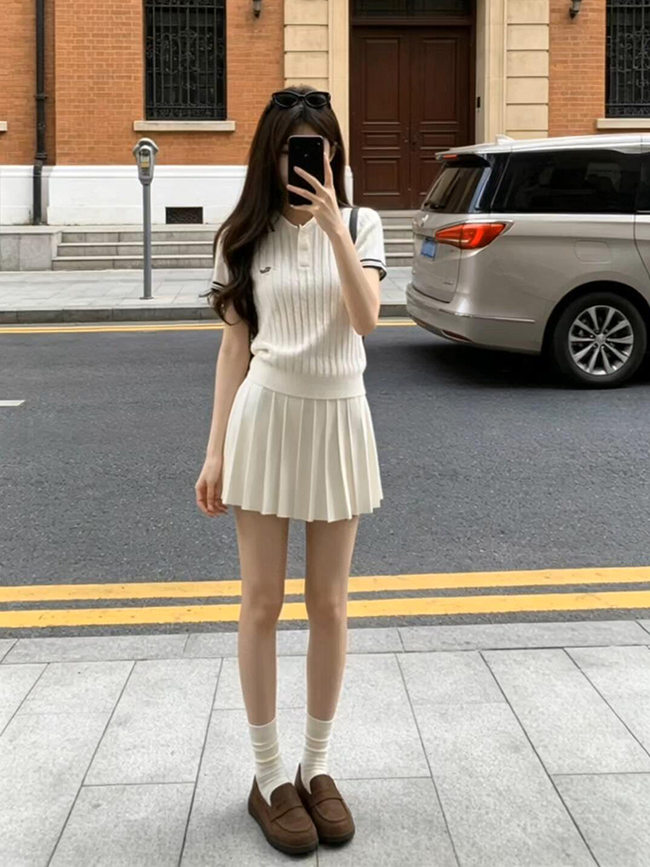 있음 도착 미니멀리즘 자수 POLO 칼라 니트 반팔 티셔츠 여성 여름 새로운 학원 스타일 캐주얼 투피스 세트