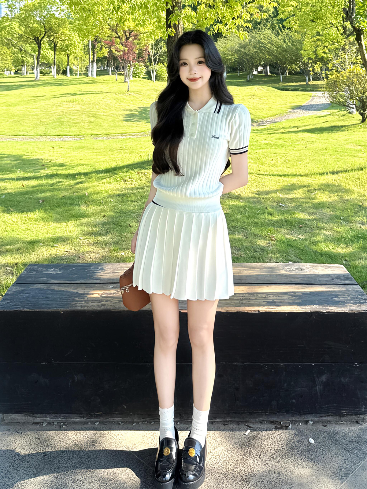있음 도착 미니멀리즘 자수 POLO 칼라 니트 반팔 티셔츠 여성 여름 새로운 학원 스타일 캐주얼 투피스 세트
