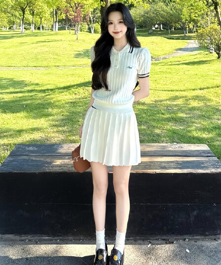 있음 도착 미니멀리즘 자수 POLO 칼라 니트 반팔 티셔츠 여성 여름 새로운 학원 스타일 캐주얼 투피스 세트