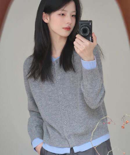있음 도착 배색 패치워크 페이크 레이어드 디자인 센스 니트 오픈 가디건 미니멀리즘 다용도 슬림해 보이는 재킷 캐주얼 여성 가을