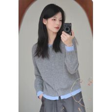 秋冬撞色拼接假两件设计感针织开衫简约百搭显瘦外套休闲女