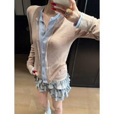 批发已到货 早秋系层次感修身上衣<b class='q'>女</b>假两件拼色羊毛针织<b class='q'>开衫</b>