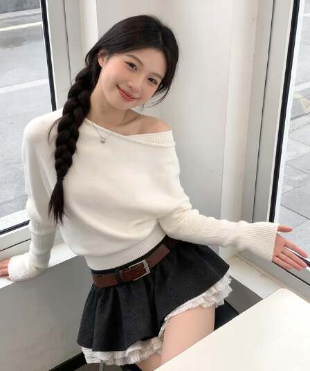 있음 도착 느긋한 바람 보트넥 오프숄더 스웨터 여자 디자인 센스 한 부서 루즈핏 비스듬한 어깨 니트 스웨터 맨위 가을
