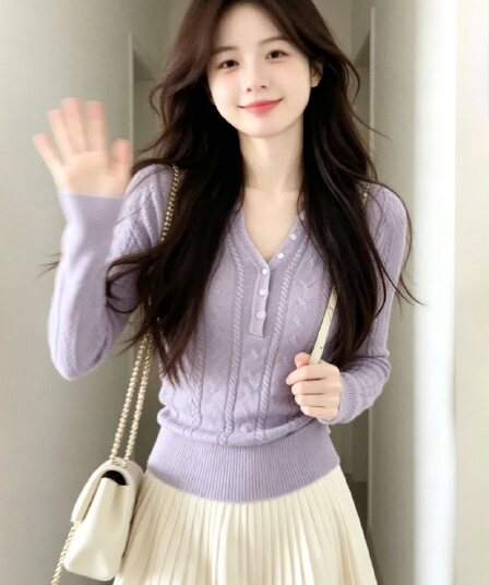 있음 도착 라일락 꽃 봄 가을 프랑스식 부드러운 품격 패션 다용도 슬림해 보이는 맨위 여성 봄 가을 새로운
