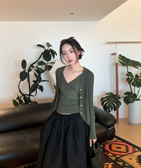 있음 도착 그레이트 통해보기 가져 가라. 전체 집합 녹색 니트 오픈 가디건 스택 착용 십자가 조끼 맨위 투피스 슈트