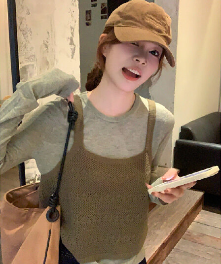 있음 도착 한 부서 홀로우 아웃 니트 슬립 단색 분위기 센스 풀오버 셔츠 다용도 스택 착용 투피스 세트