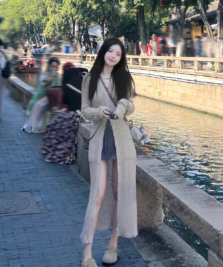 있음 도착 조기 가을 부드러운 긴팔 니트 스웨터 여성 품격 느긋한 바람 얇은 스타일 롱 코트 니트 대 오픈 가디건