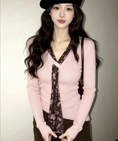있음 도착 로라 스웨터 겨울 한 부서 품격 도트 무늬 리본 V넥 부드러운 스웨터 여자 가을