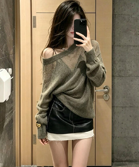 있음 도착 바람 느긋한 느슨함 센스 비스듬한 어깨 홀로우 아웃 디자인 루즈핏 다용도 니트 긴 소매 블라우스 오프숄더 풀오버