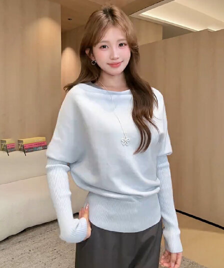 있음 도착 Ouyang 안녕하세요. 작은 하늘색 비스듬한 칼라 밑단 리브 허리 수축 니트 스웨터 박쥐 가을 어깨 의류 여성