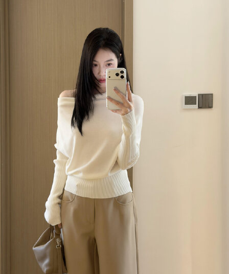 있음 도착 부드러운 지능 자매 오프숄더 비스듬한 어깨 흔들다 칼라 기타 착용 법 풀오버 느긋한 슬림해 보이는 니트 스웨터