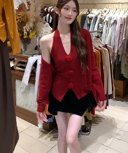 있음 도착 이른 가을 빨간색 니트 오픈 가디건 외부 가져 가라. 스웨터 여성 코트 가을 디자인 센스 작은 대중 세트 여성