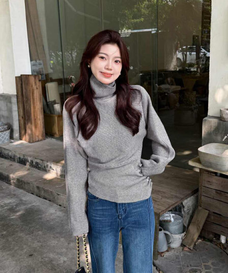 있음 도착 터틀넥 측면 펌프 Pleat 디자인 센스 니트 스웨터 여성 가을 겨울 인사이드 가져 가라. 허리 수축 슬림해 보이는 품격 맨위