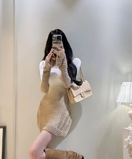 있음 도착 일몰 주황색 바다 아름다움 절대적으로 이른 가을 새로운 나팔 소매 그라데이션 염색 두꺼운 니트 여성 드레스