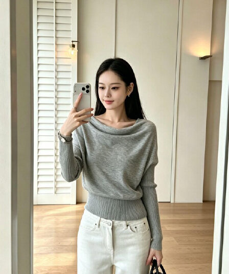 있음 도착 부드러운 지능 자매 오프숄더 비스듬한 어깨 흔들다 칼라 기타 착용 법 풀오버 느긋한 슬림해 보이는 니트 스웨터